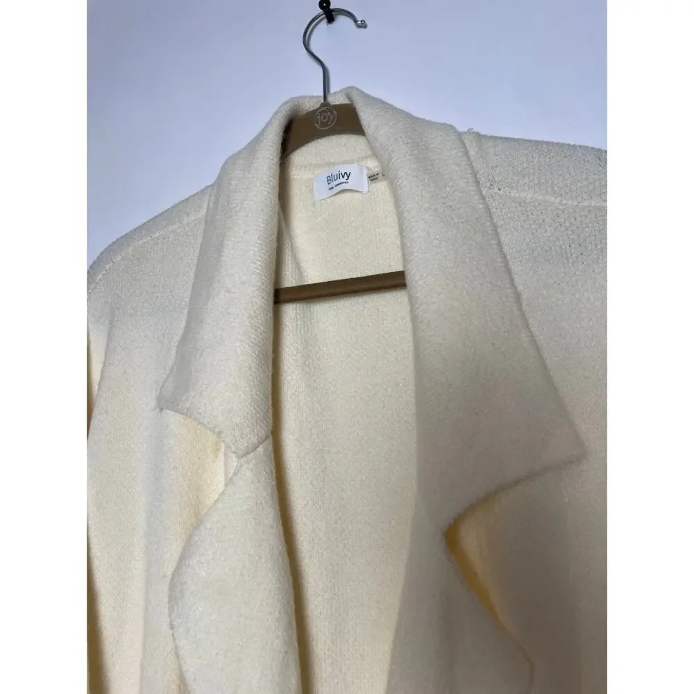 Blueivy BELTED KNIT Ivory CARDIGAN‎ Womens L Cozy Chic Cream Long Open Sweater